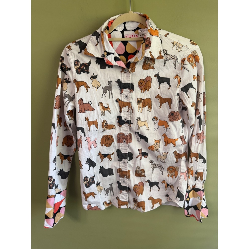 Tizzie Womens Small Dog Breed Print Button Down Shirt Long Sleeve White Stretch